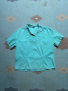 Vintage 50s 60s women’s loop collar shirt blouse cotton teal turquoise blue 36